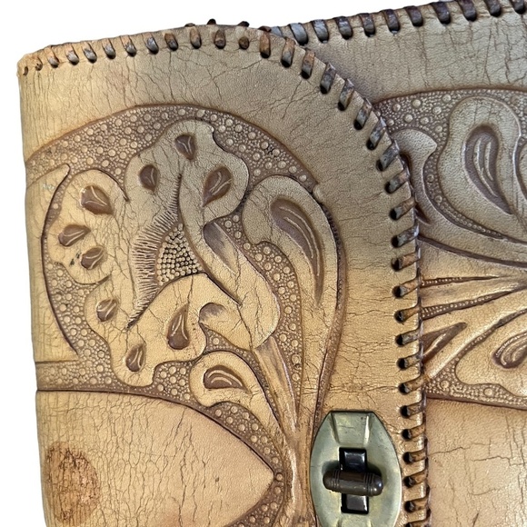 Vintage Hand Tooled Brown Leather Purse Adjustable Wide Strap Handbag - Picture 5 of 15